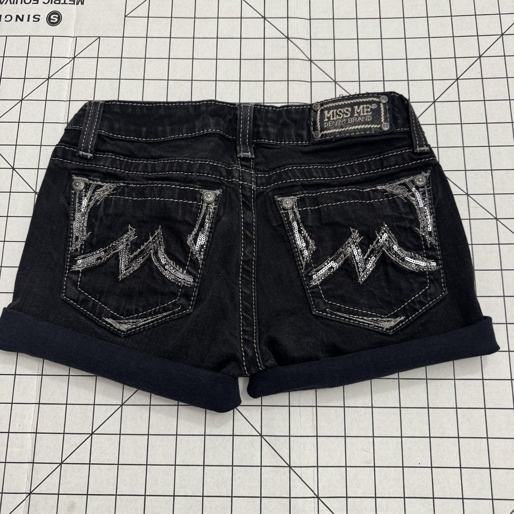 Miss Me Shorts Juniors 28 Black Denim Cuffed Sequin Pockets Cut Off Jean